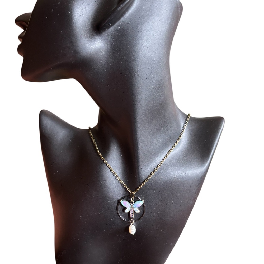 Antique Gold & Bronze Iridescent Dragonfly Pendant Necklace. NWT - Picture 4 of 7